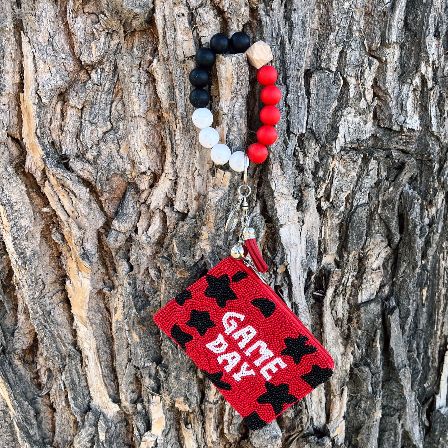 BLACK & RED 'GAME DAY' MINI SEED BEAD COIN PURSE KEY RING