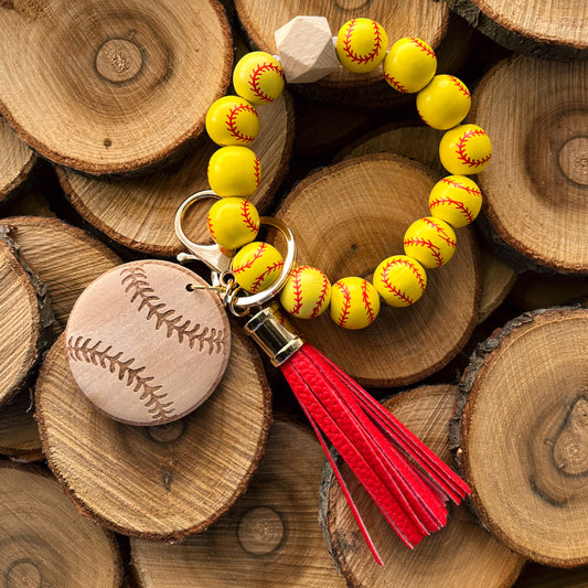 SOFTBALL WOODEN BEAD BANGLE KEY RING BRACELET