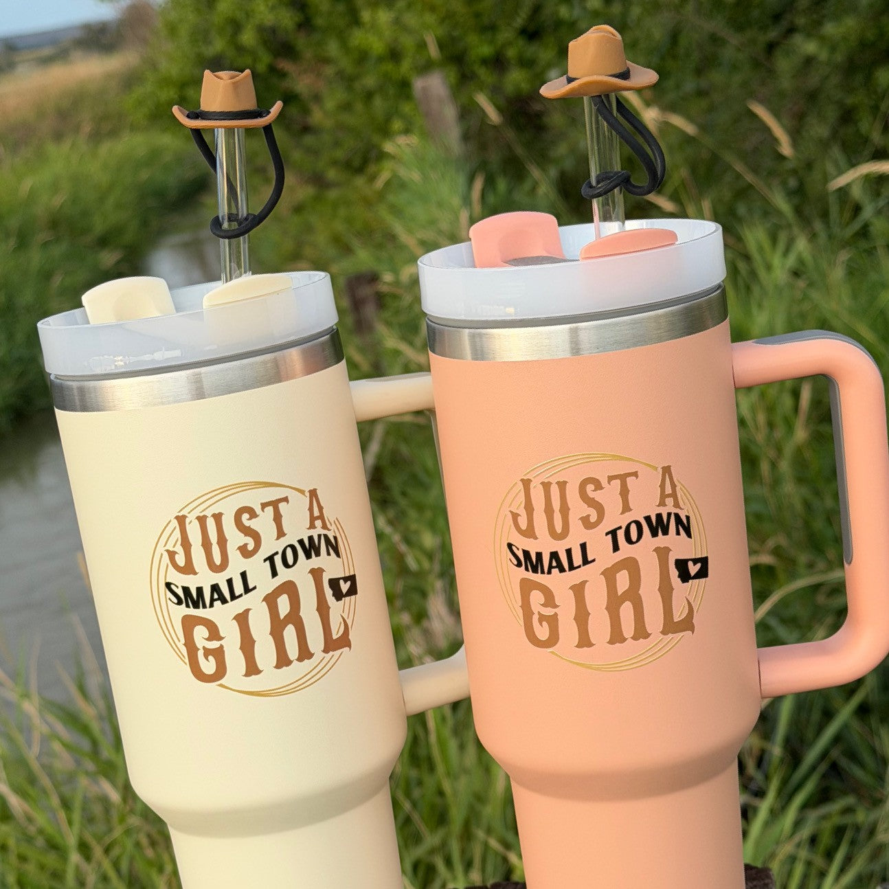 JUST A SMALL TOWN GIRL TUMBLERS WITH COWBOY HAT TOPPER -40oz