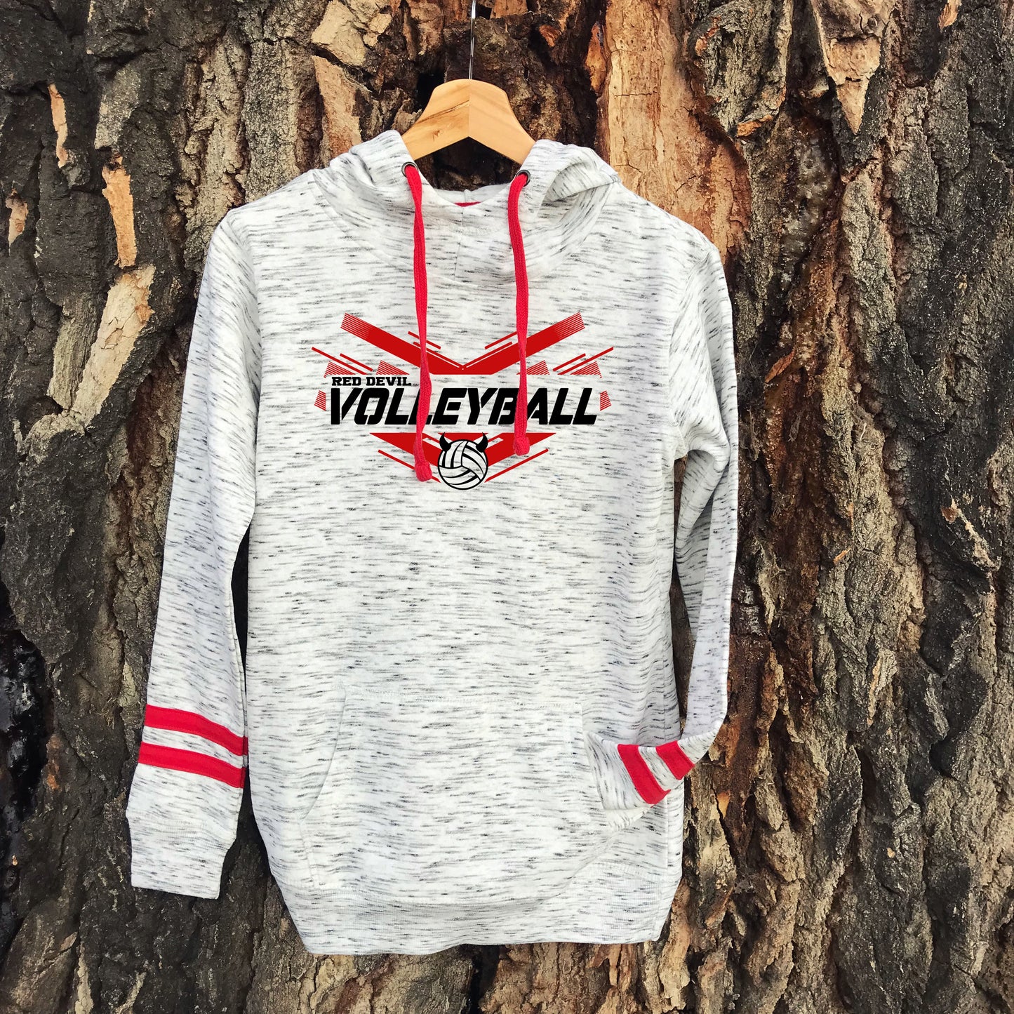LADIES RED DEVIL VOLLEYBALL STRIPED SLEEVE HOODIE
