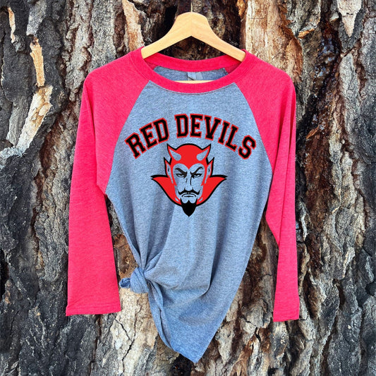 ADULT CURVED RED DEVILS RAGLAN -RED/GREY