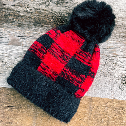 RED AND BLACK BUFFALO PLAID BEANIE