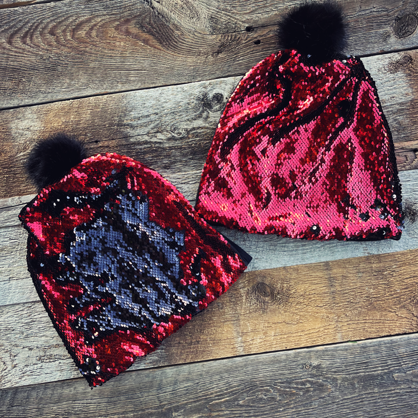 RED & BLACK FLIP SEQUIN BEANIE