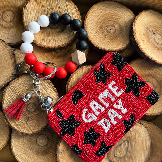 BLACK & RED 'GAME DAY' MINI SEED BEAD COIN PURSE KEY RING