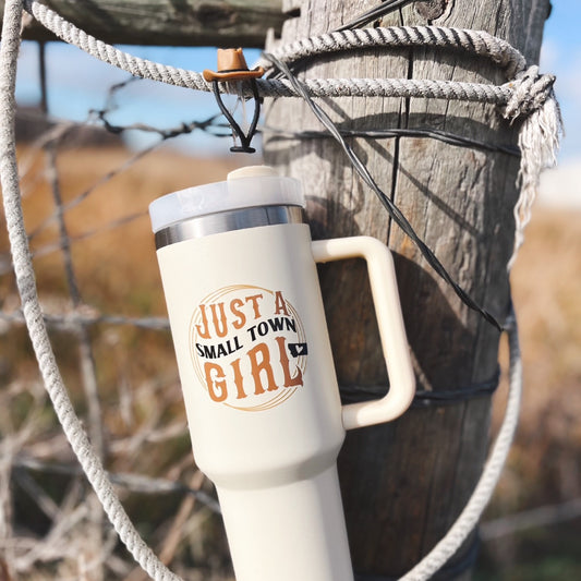 JUST A SMALL TOWN GIRL TUMBLER WITH COWBOY HAT TOPPER -40oz