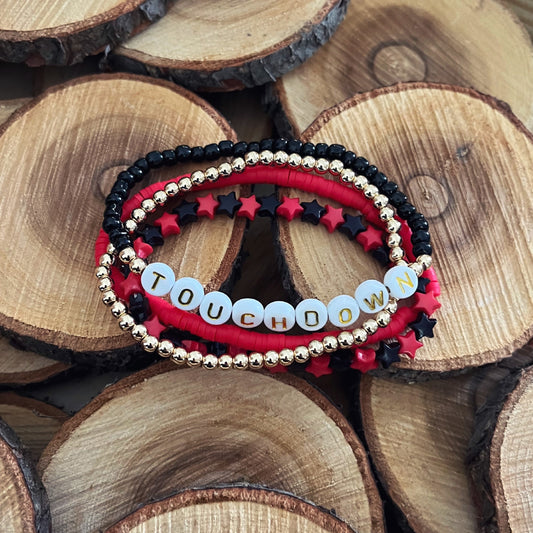 RED AND BLACK 'TOUCHDOWN' BEADED BRACELET SET