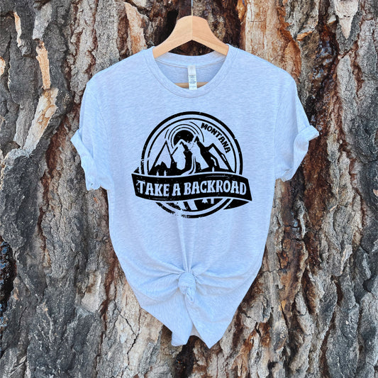 LADIES MONTANA TAKE A BACKROAD TEE -HEATHER WHITE