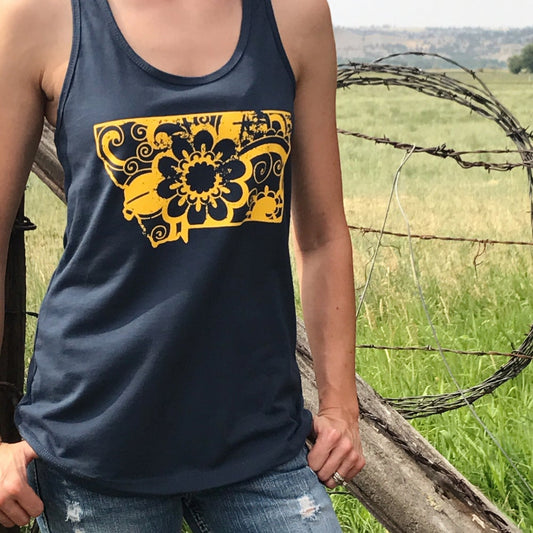 CLOSEOUT! FLORAL MONTANA LADIES TANK -NAVY/GOLD