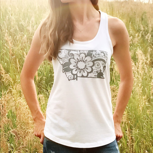 CLOSEOUT! LADIES FLORAL MONTANA TANK -WHITE/GRAY