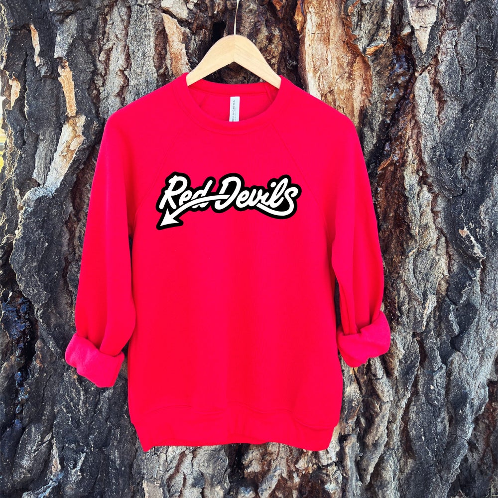 Devils Script Red ADULT RED DEVILS SCRIPT CREWNECK SWEATSHIRT -RED – Back Road Designs