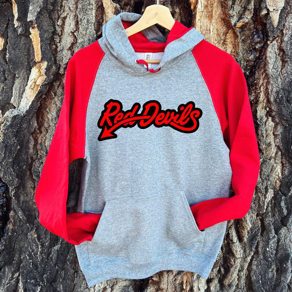 RED DEVILS SCRIPT RAGLAN HOODIE -ADULT – Back Road Designs