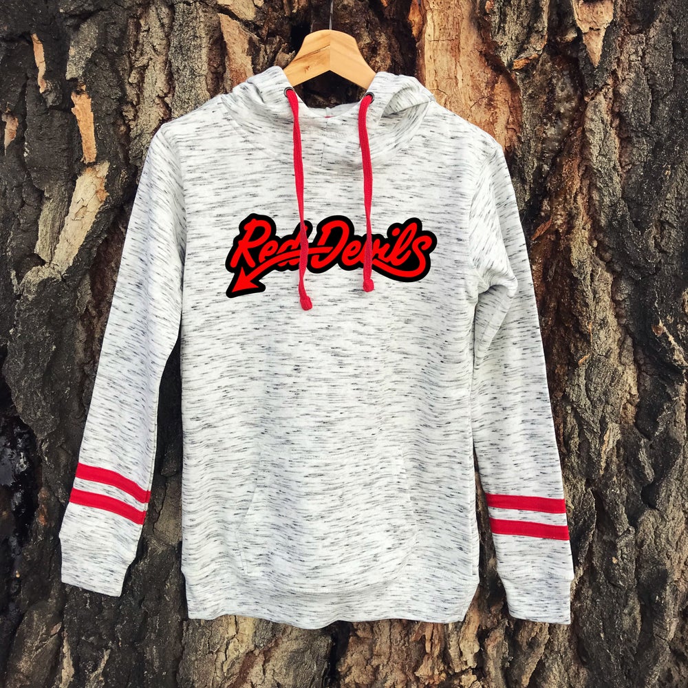 LADIES RED DEVIL SCRIPT STRIPPED SLEEVE HOODIE