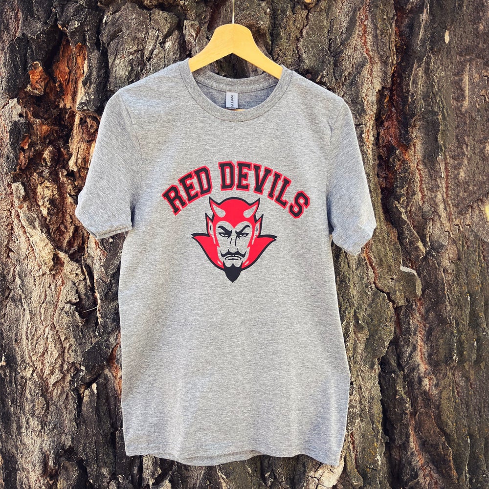 ADULT CURVED RED DEVILS TEE -GREY