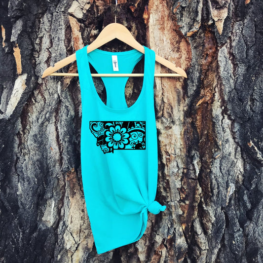 LADIES FLORAL MONTANA TANK -TEAL